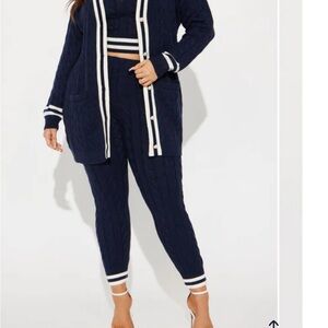 Navy Cable Knit Cardigan and Pants Set
